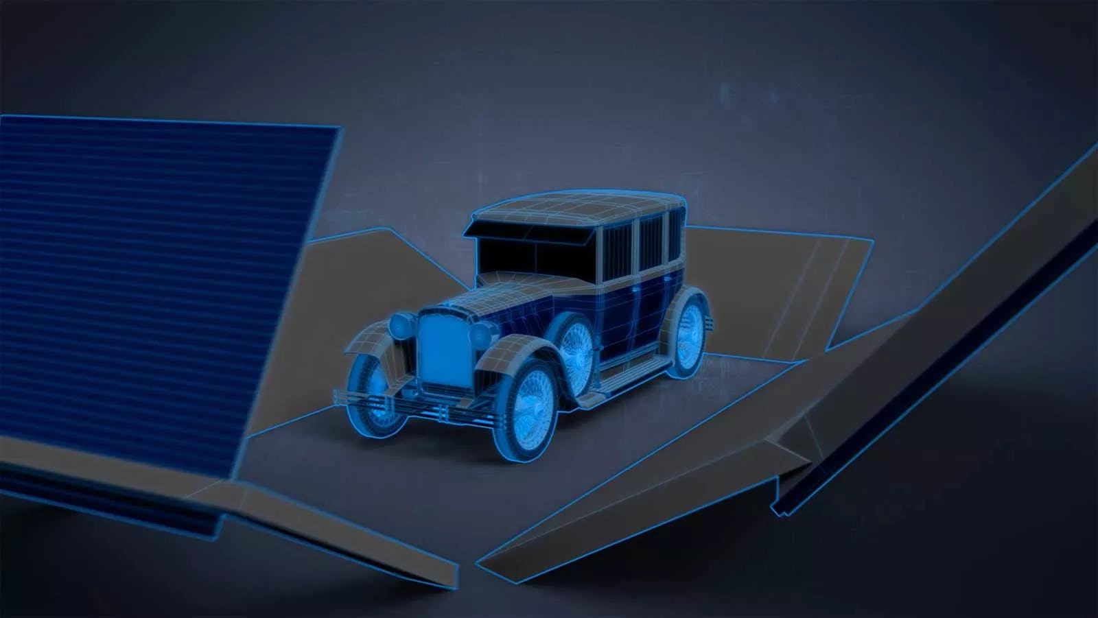 3D Animation eines alten Autos in futuristischer Umgebung